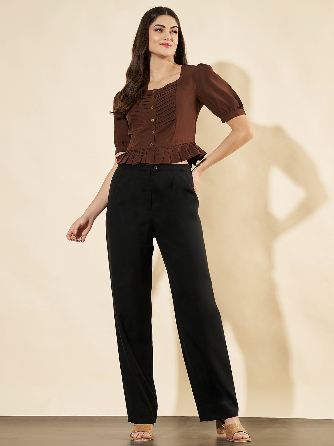 Casual Puff Sleeves Solid Brown Top