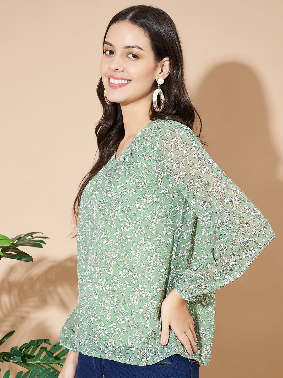 Women Puff Sleeves Floral Print  Green Top