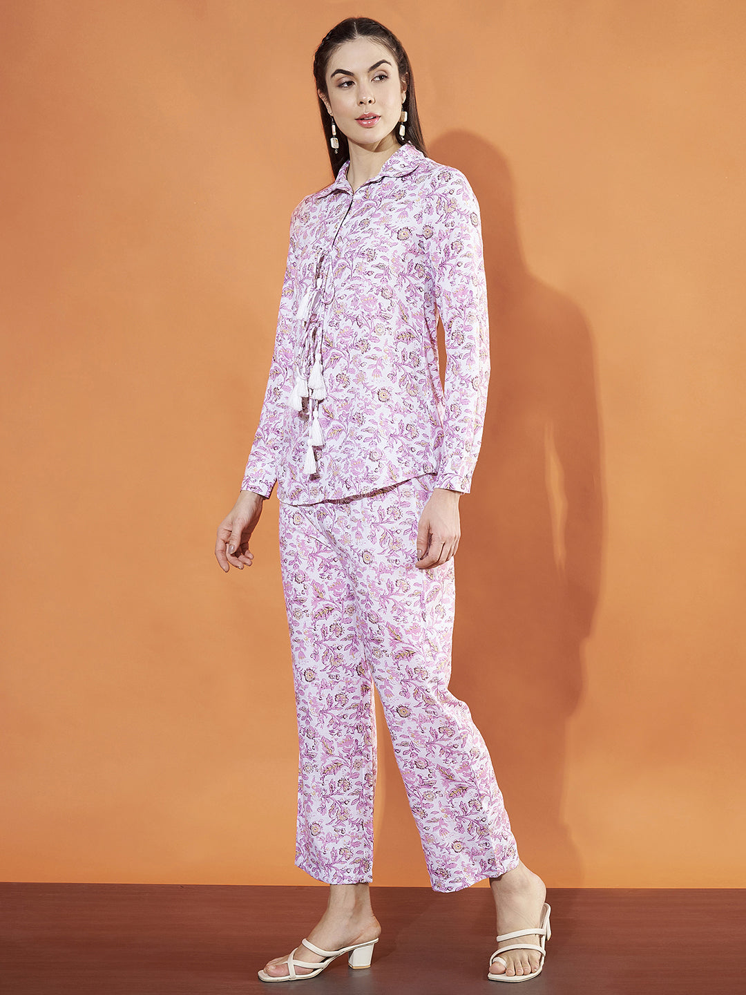 Women Pink & White Floral Printed Pure Cotton Tie Up Co-Ord Set