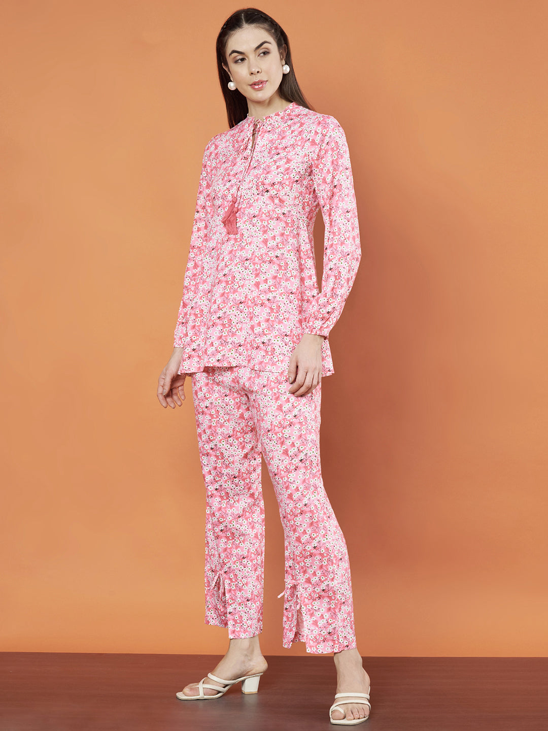 Women's Pink Floral Printed Co-Ord Set with Tie-Up Neckline and Slit Pants