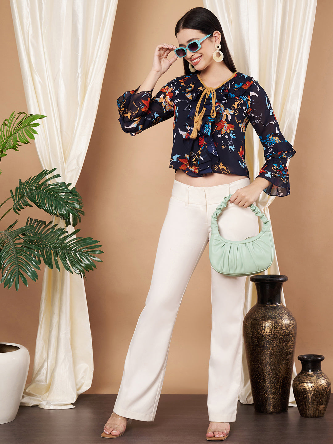 Bell Sleeves Multicolor Floral Print Tie-Up Neck Crop Top