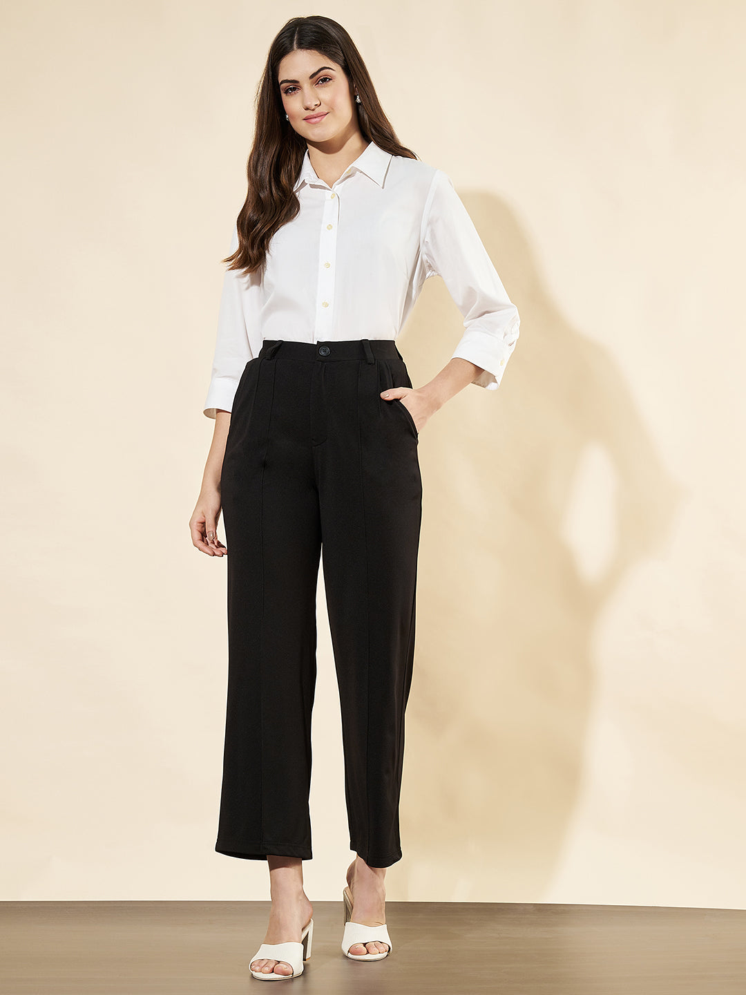 Women Black High-Waist Straight-Leg Trousers