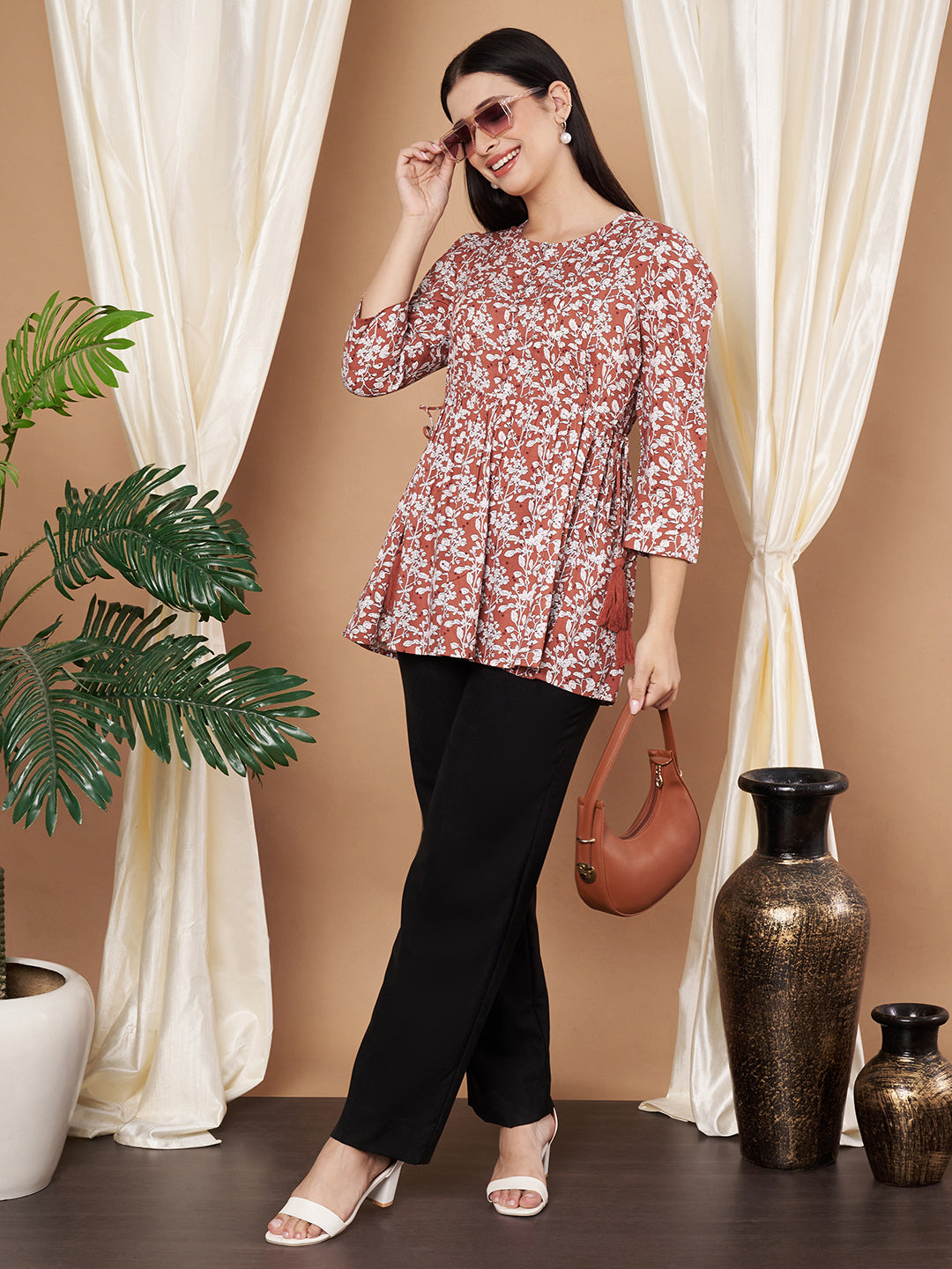 Women Floral Print Round Neck Peplum Orange Top