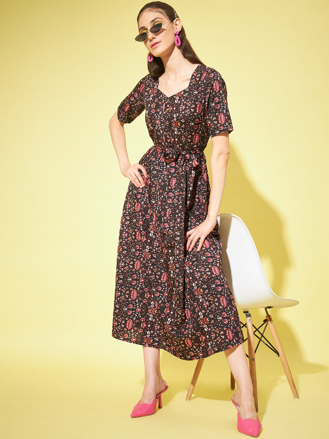 Women A-line Multicoloured Floral Print Dress