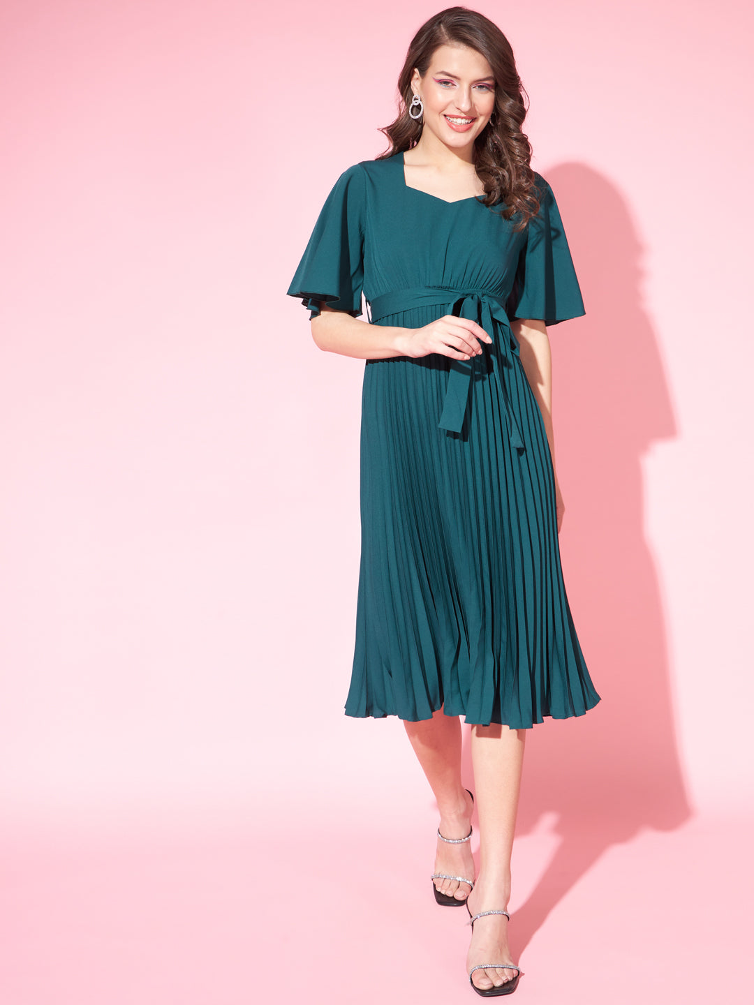 Women Flared Sleeve Tie-Ups Crepe A-Line Dress