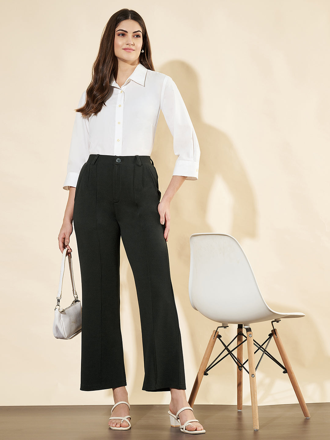 Women Relaxed Straight Fit High-Rise Easy Wash Trousers