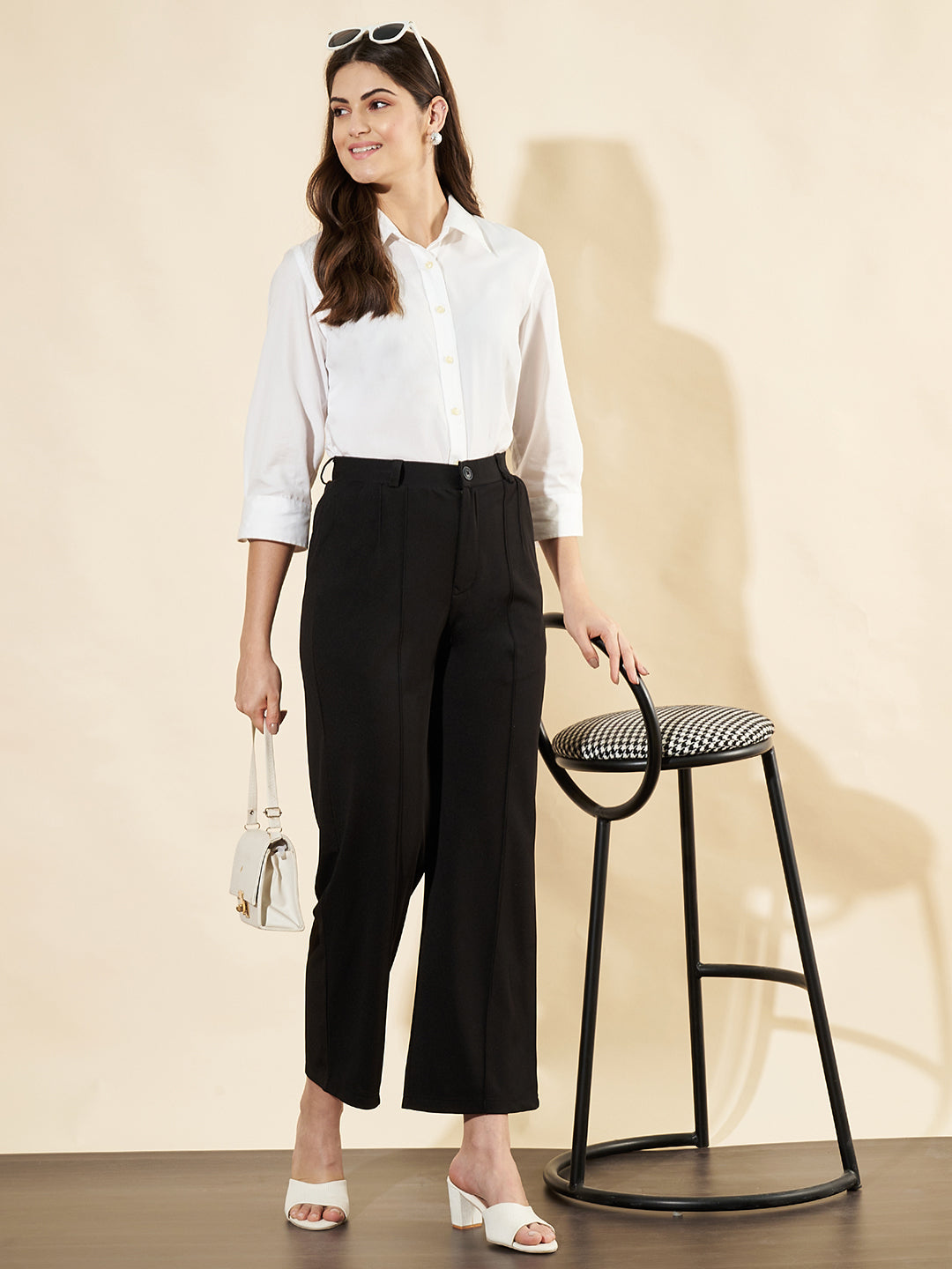 Women Black High-Waist Straight-Leg Trousers