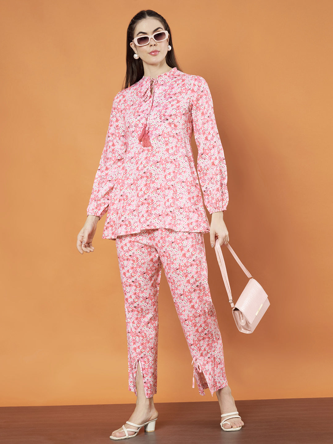 Women's Pink Floral Printed Co-Ord Set with Tie-Up Neckline and Slit Pants