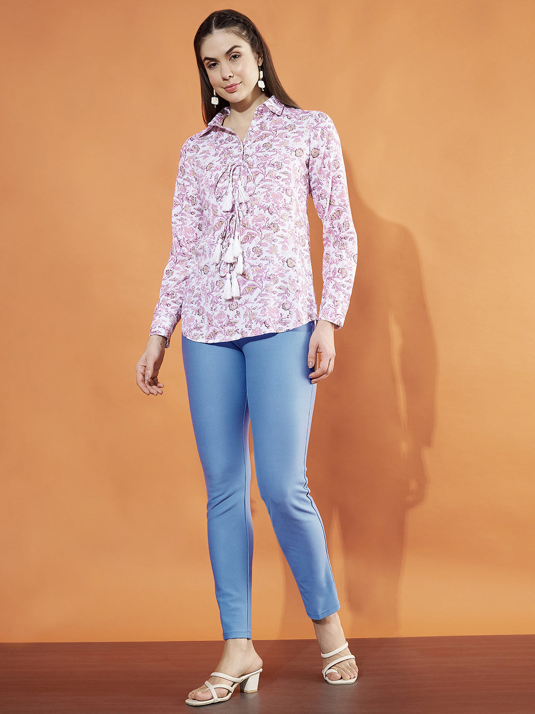 Floral Print Cuffed Sleeves Collared Pink Top