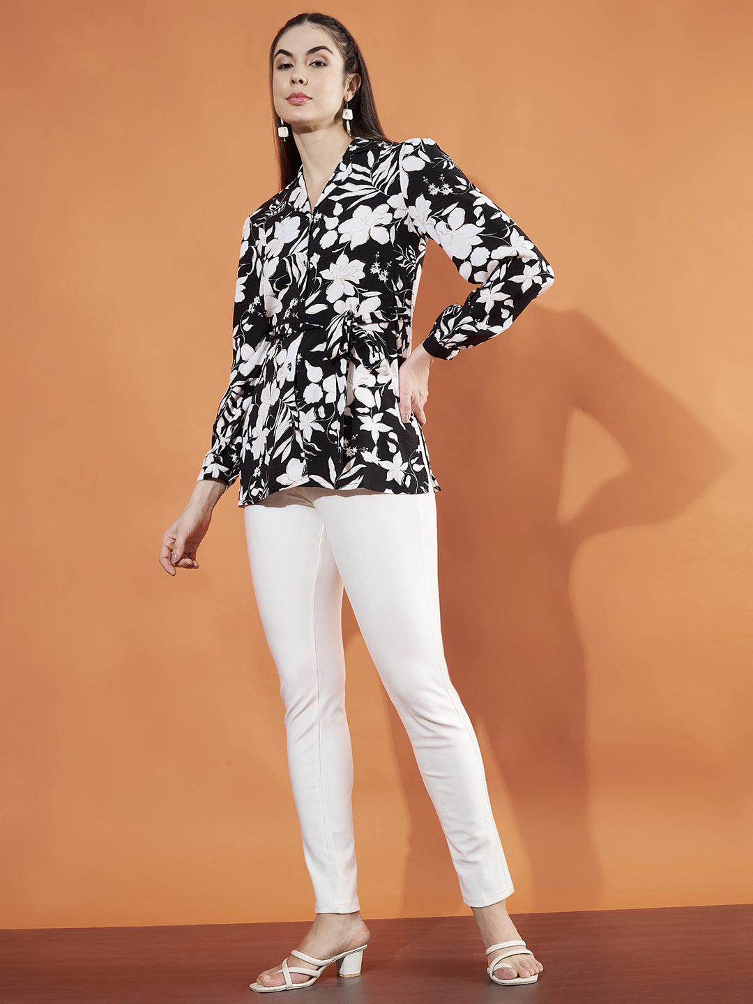 Women Cuffed Sleeves Floral Print Regular Top