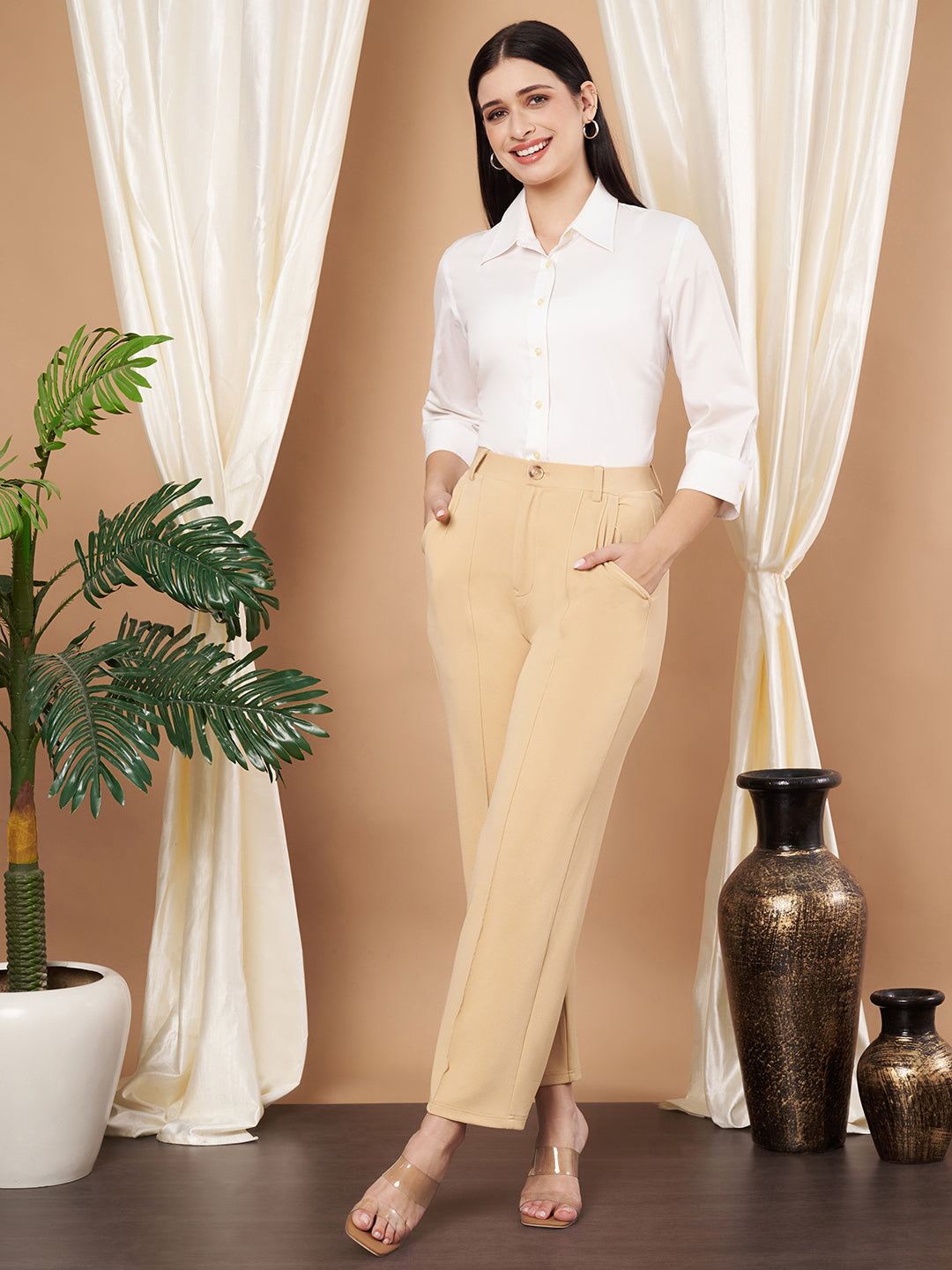 Women Beige Straight-Leg Trousers