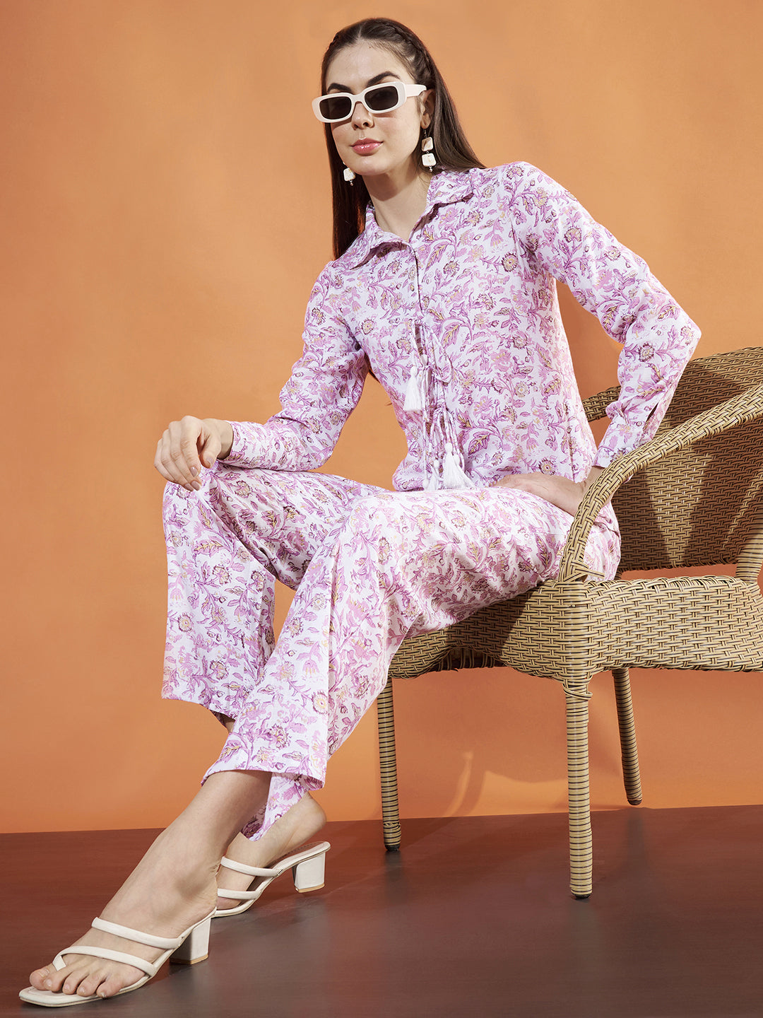 Women Pink & White Floral Printed Pure Cotton Tie Up Co-Ord Set