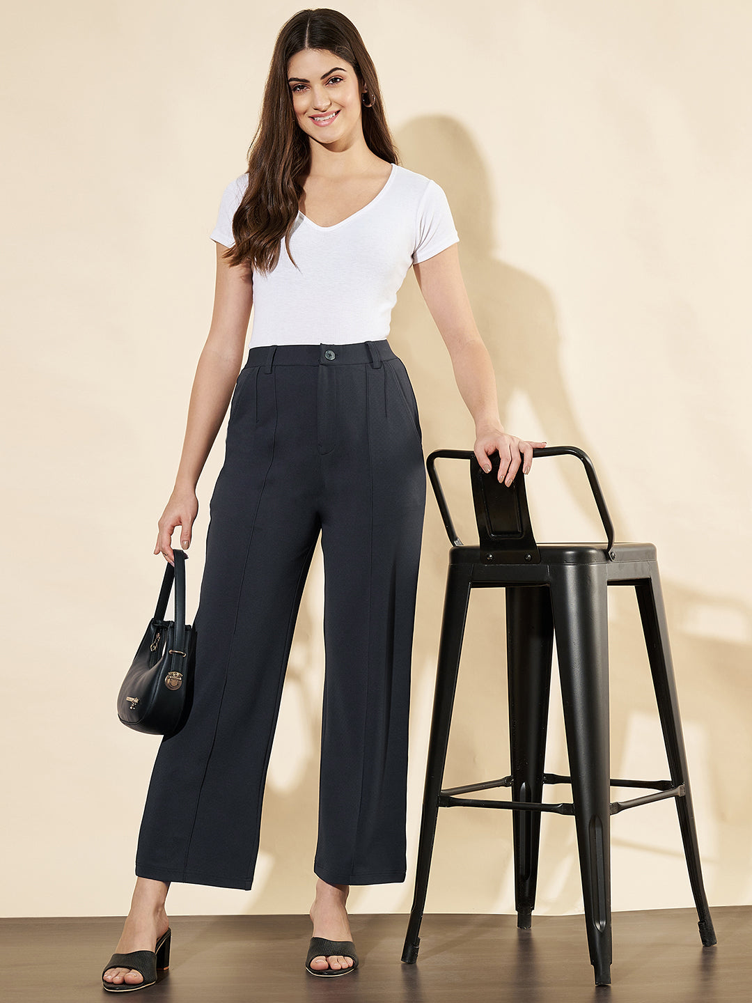 Women High-Rise Easy Wash Relaxed Straight Fit Trousers