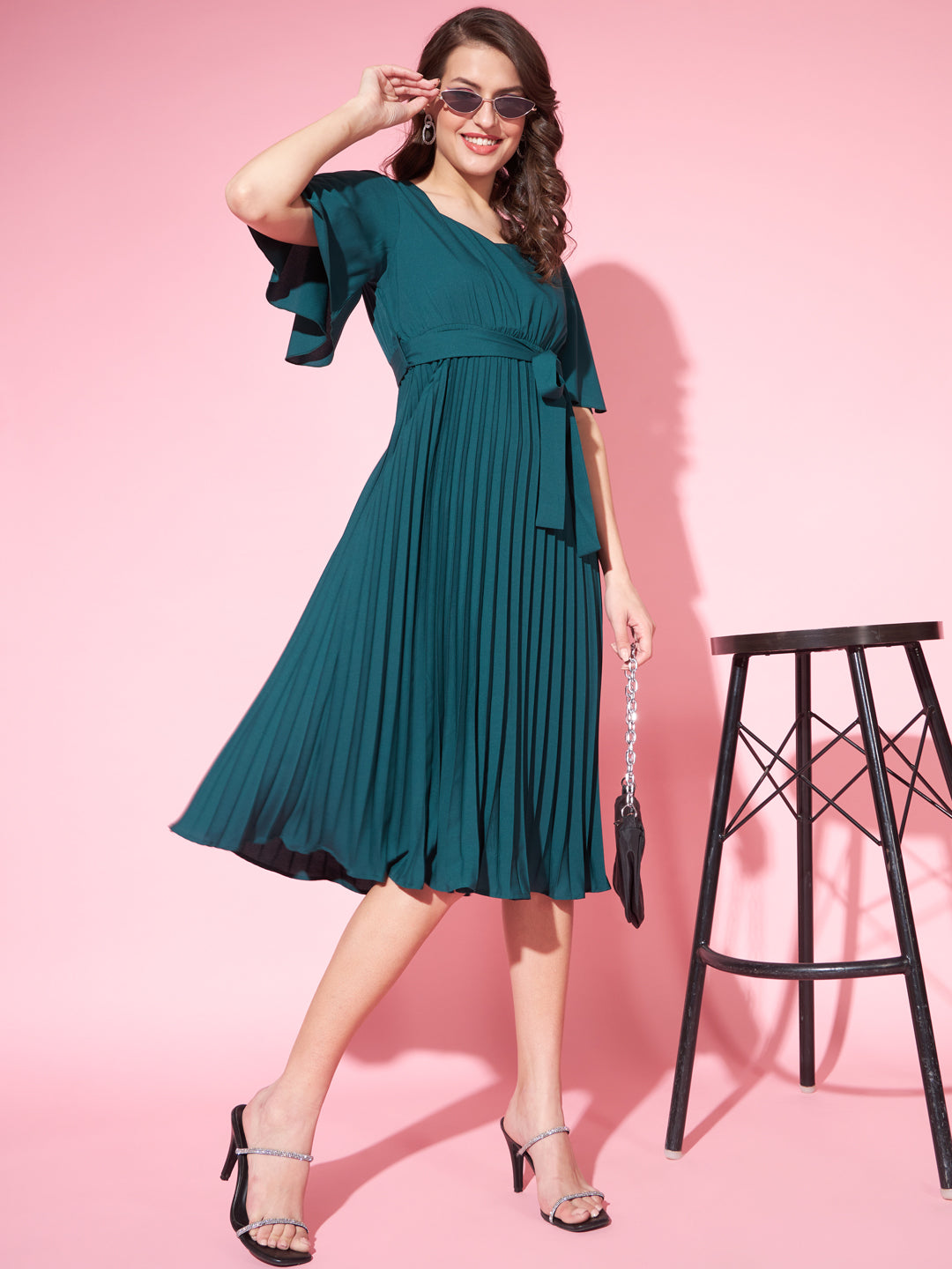 Women Flared Sleeve Tie-Ups Crepe A-Line Dress