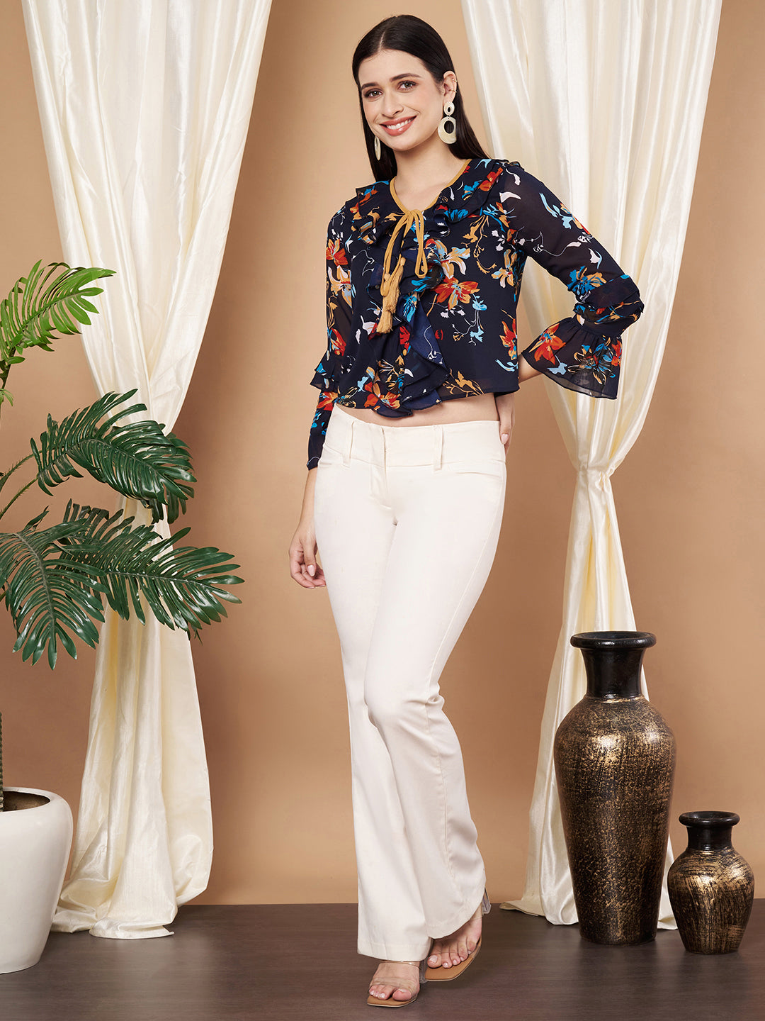 Bell Sleeves Multicolor Floral Print Tie-Up Neck Crop Top