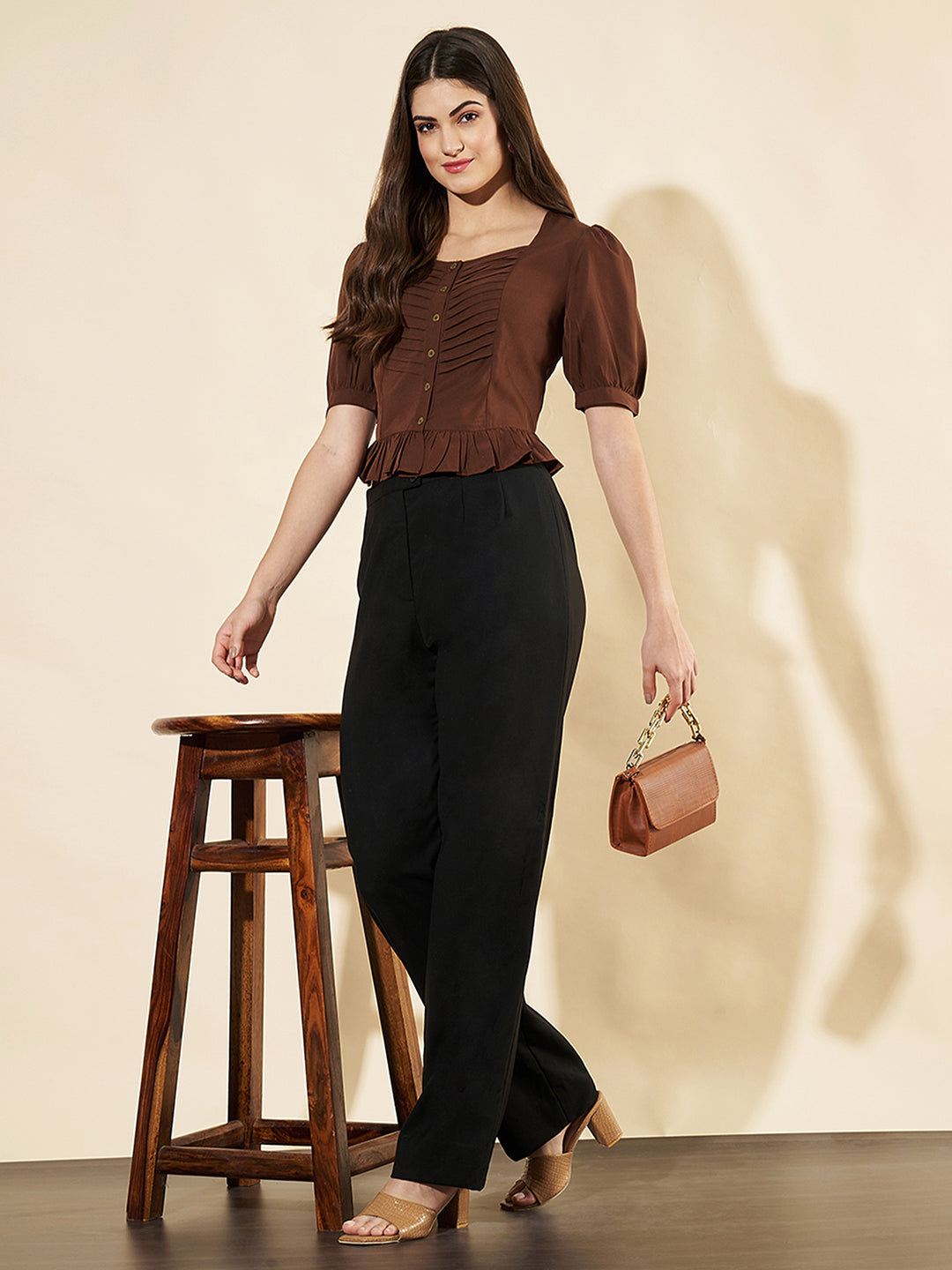 Casual Puff Sleeves Solid Brown Top