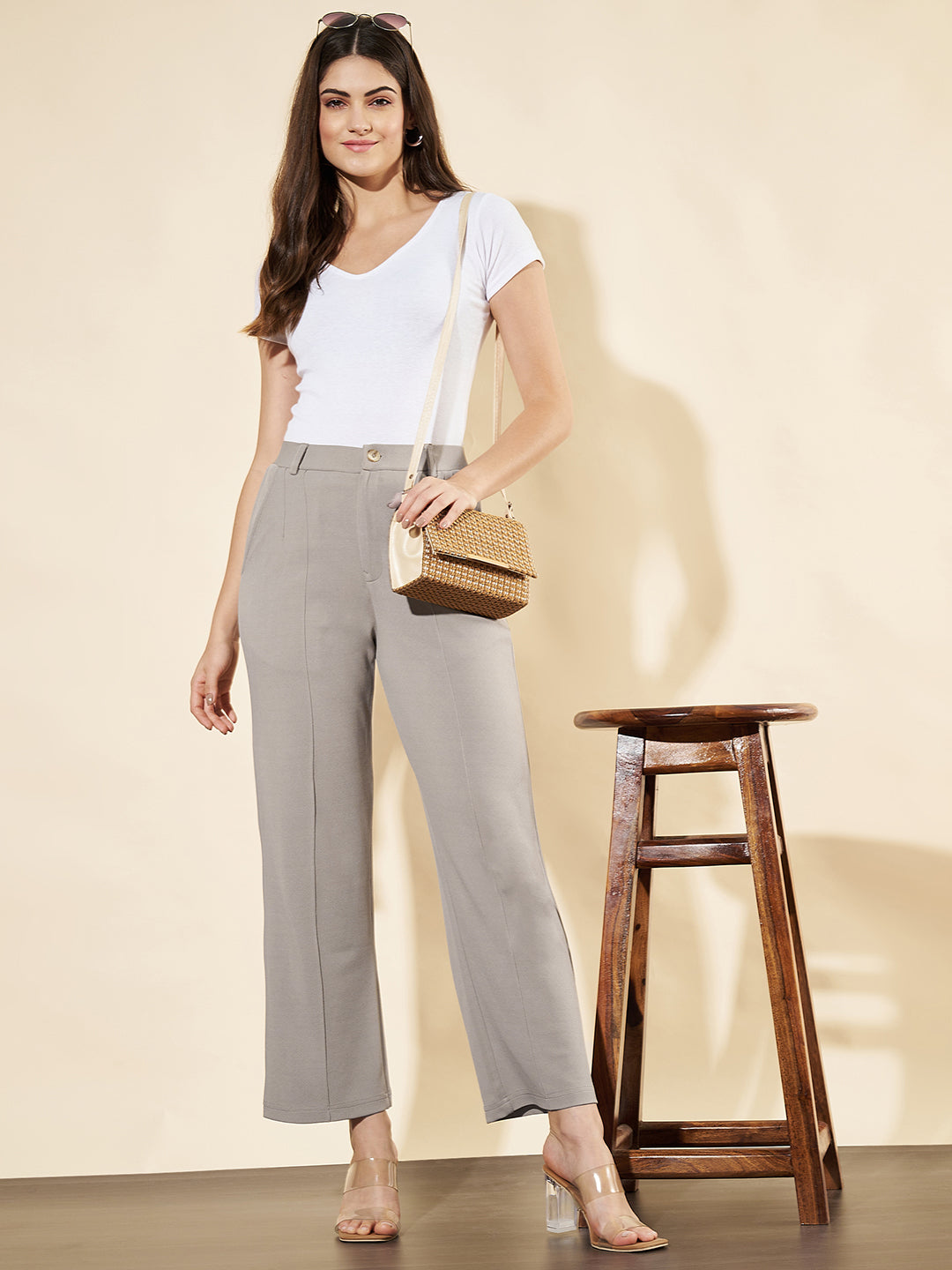 Women Relaxed Straight Fit High-Rise Easy Wash Trousers