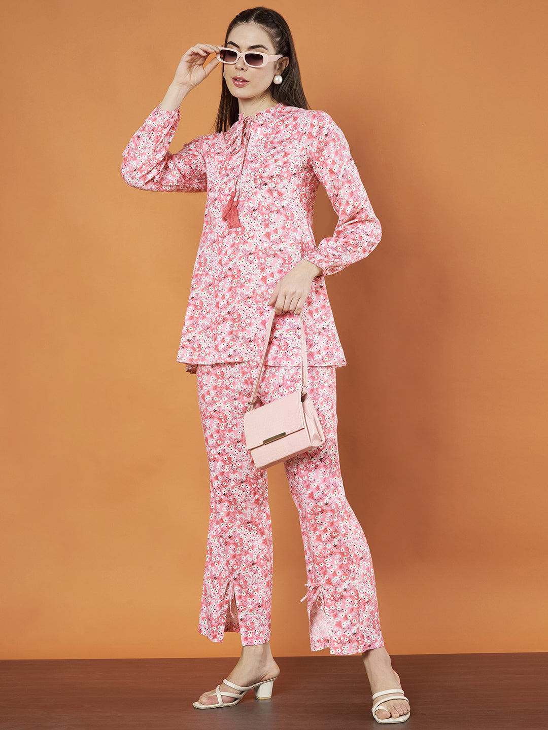 Women's Pink Floral Printed Co-Ord Set with Tie-Up Neckline and Slit Pants