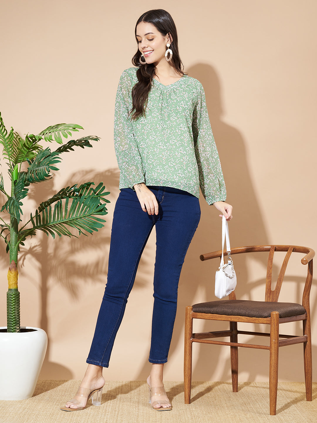 Women Puff Sleeves Floral Print  Green Top