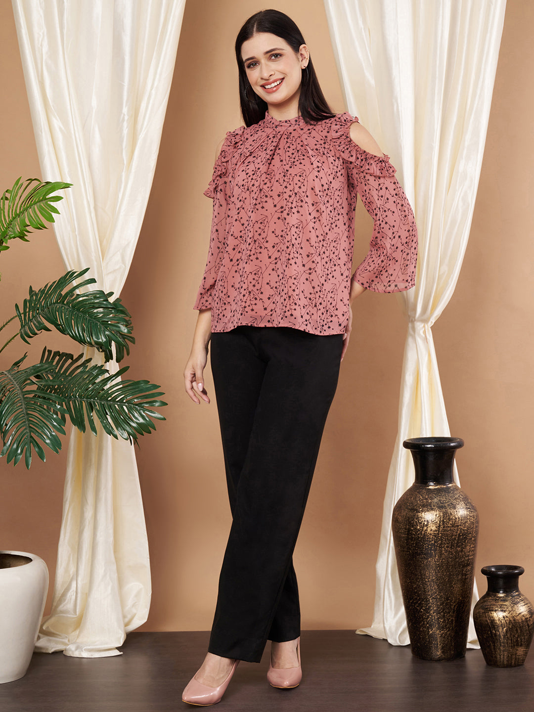 Women Cold Shoulder Sleeves Floral Print Pink Top