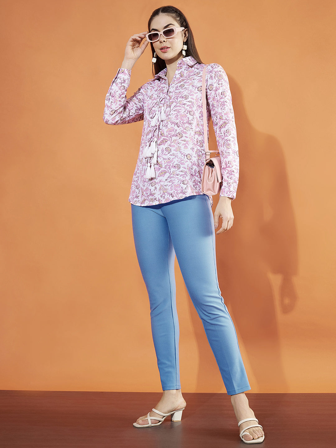 Floral Print Cuffed Sleeves Collared Pink Top