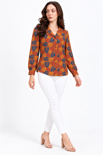 Women’s Multicolor Leaf Printed Full Sleeve Poly Rayon Shirt