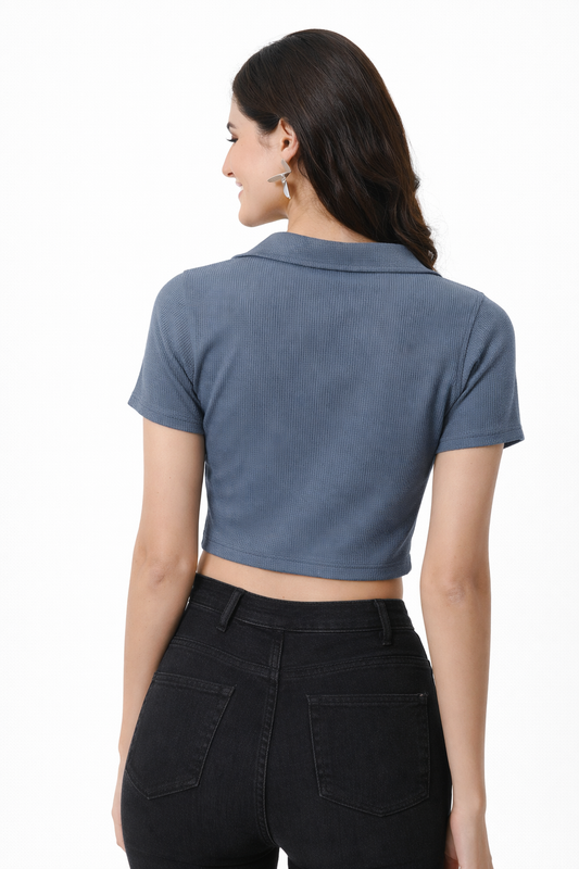 Slenor Women Ribbed Half Sleeves Collared Crop Top | Regular Wear Top For Women