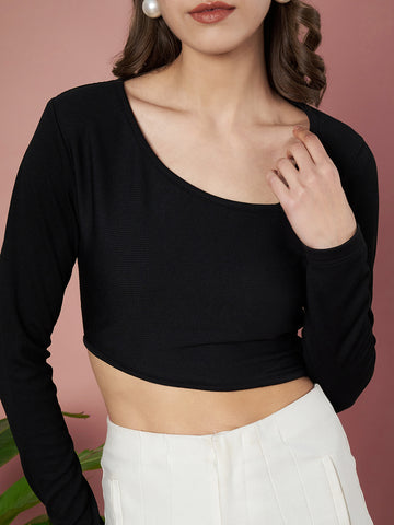 Party Regular Sleeves Solid Women Black Crop Top