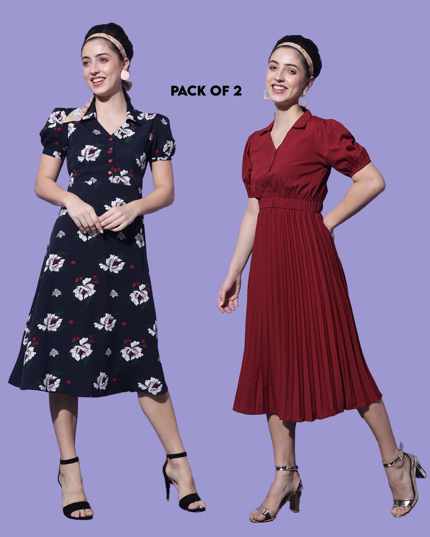 Women Maroon & Navy Blue Crepe Midi Dress (Pack Of 2)