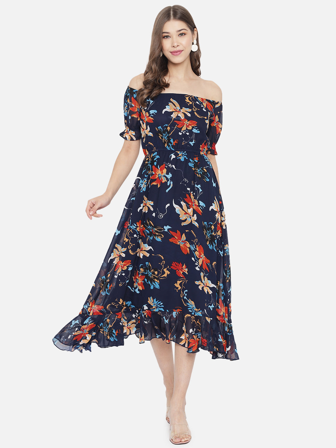 Navy Blue Floral Off-Shoulder Georgette Midi Dress