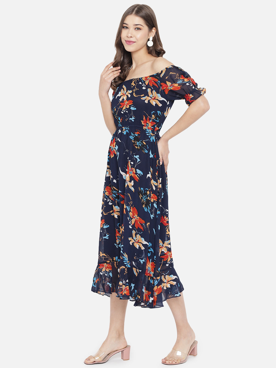 Navy Blue Floral Off-Shoulder Georgette Midi Dress