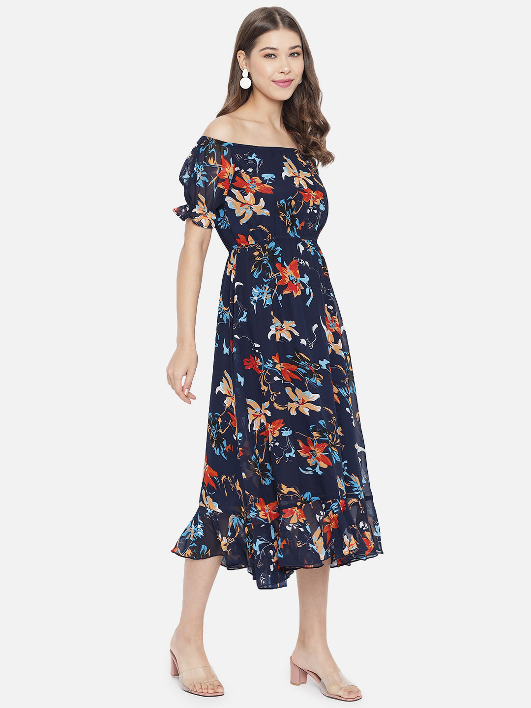 Navy Blue Floral Off-Shoulder Georgette Midi Dress