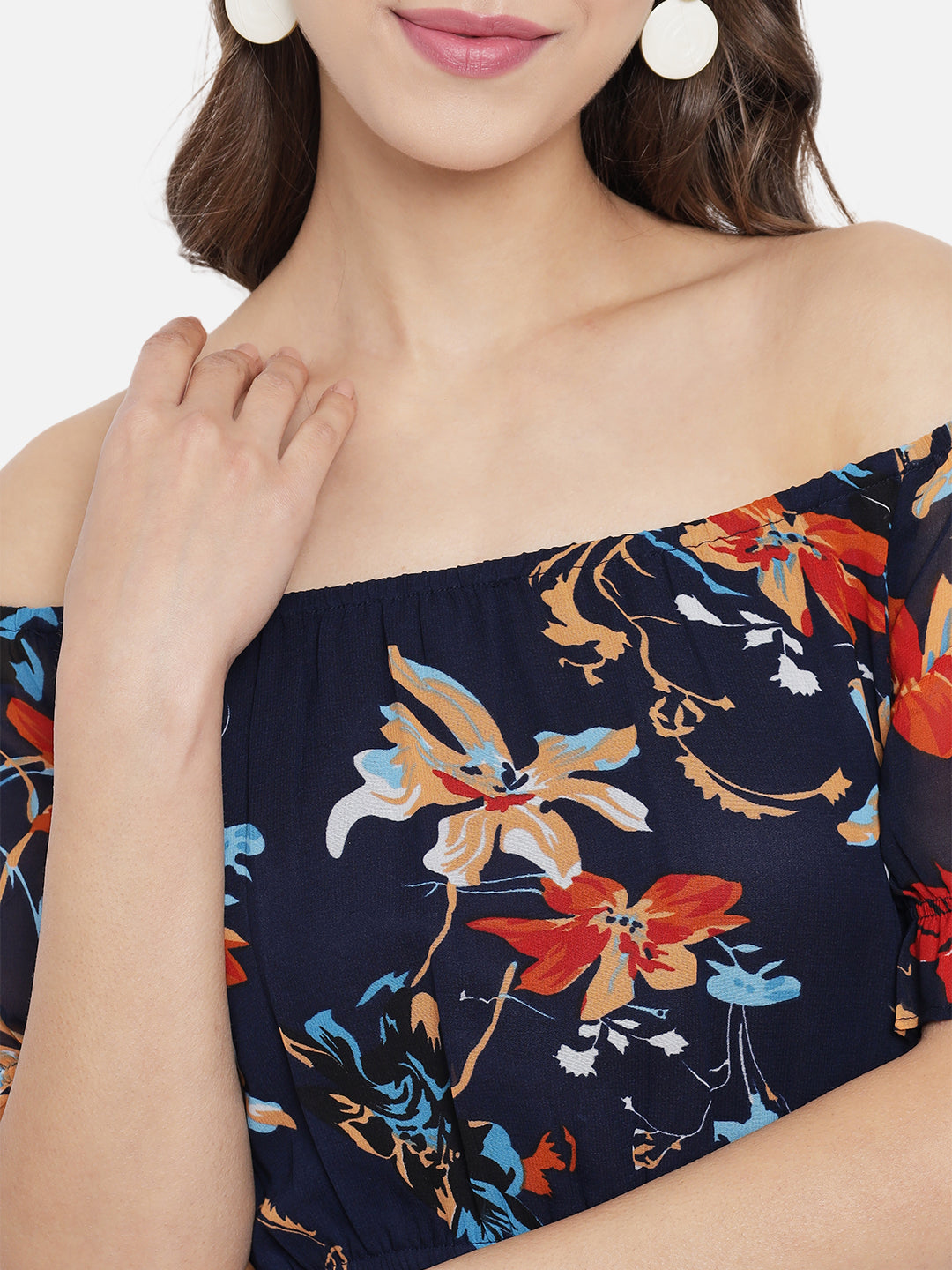 Navy Blue Floral Off-Shoulder Georgette Midi Dress