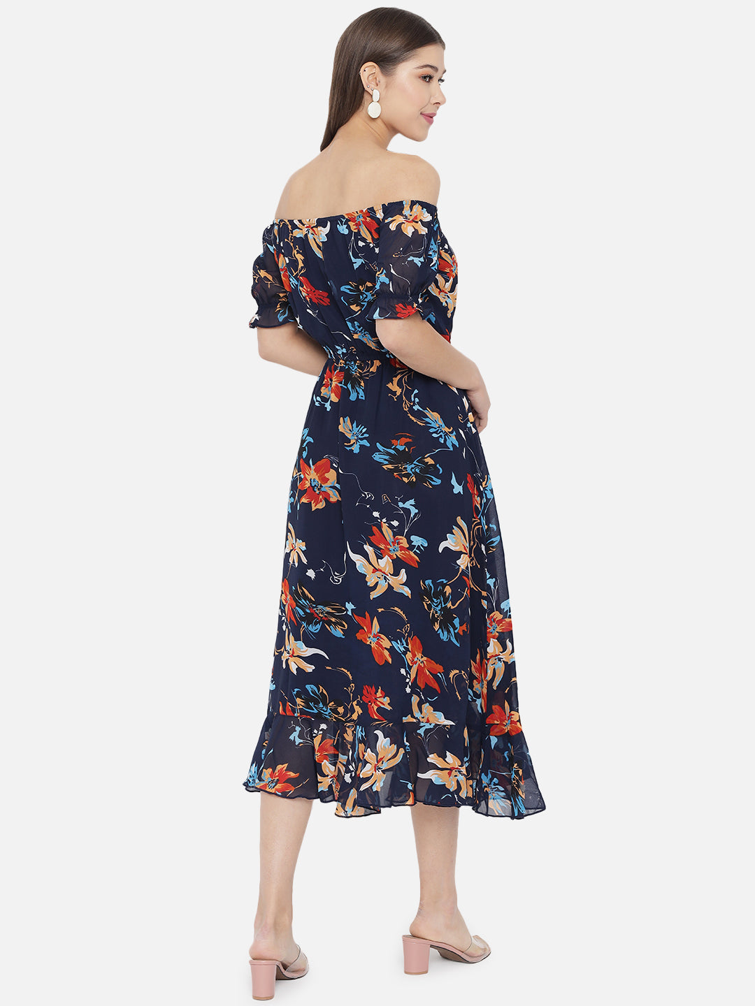 Navy Blue Floral Off-Shoulder Georgette Midi Dress