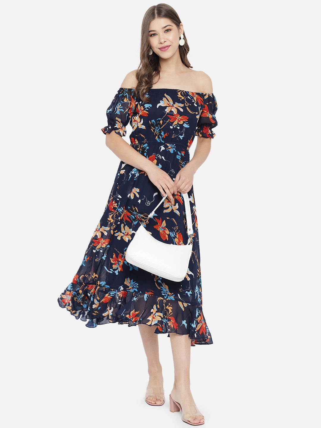 Navy Blue Floral Off-Shoulder Georgette Midi Dress