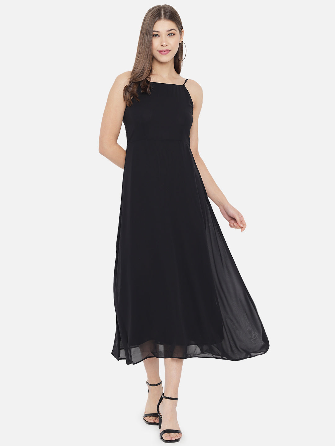 Black Layered Georgette A-Line Midi Dress