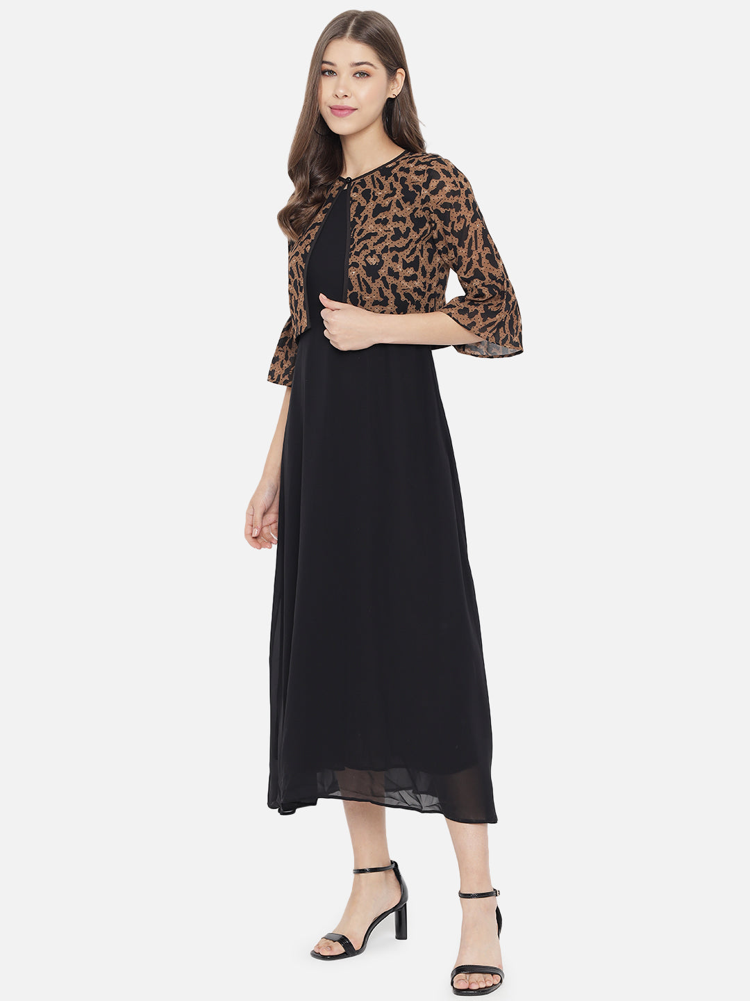 Black Layered Georgette A-Line Midi Dress