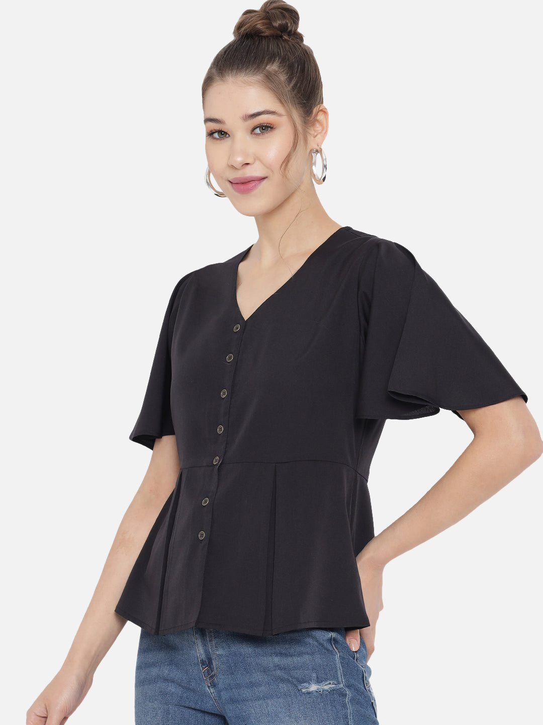 Black Crepe Peplum Top