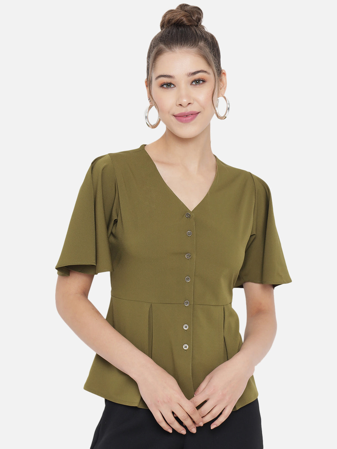 Olive Green Crepe Peplum Top