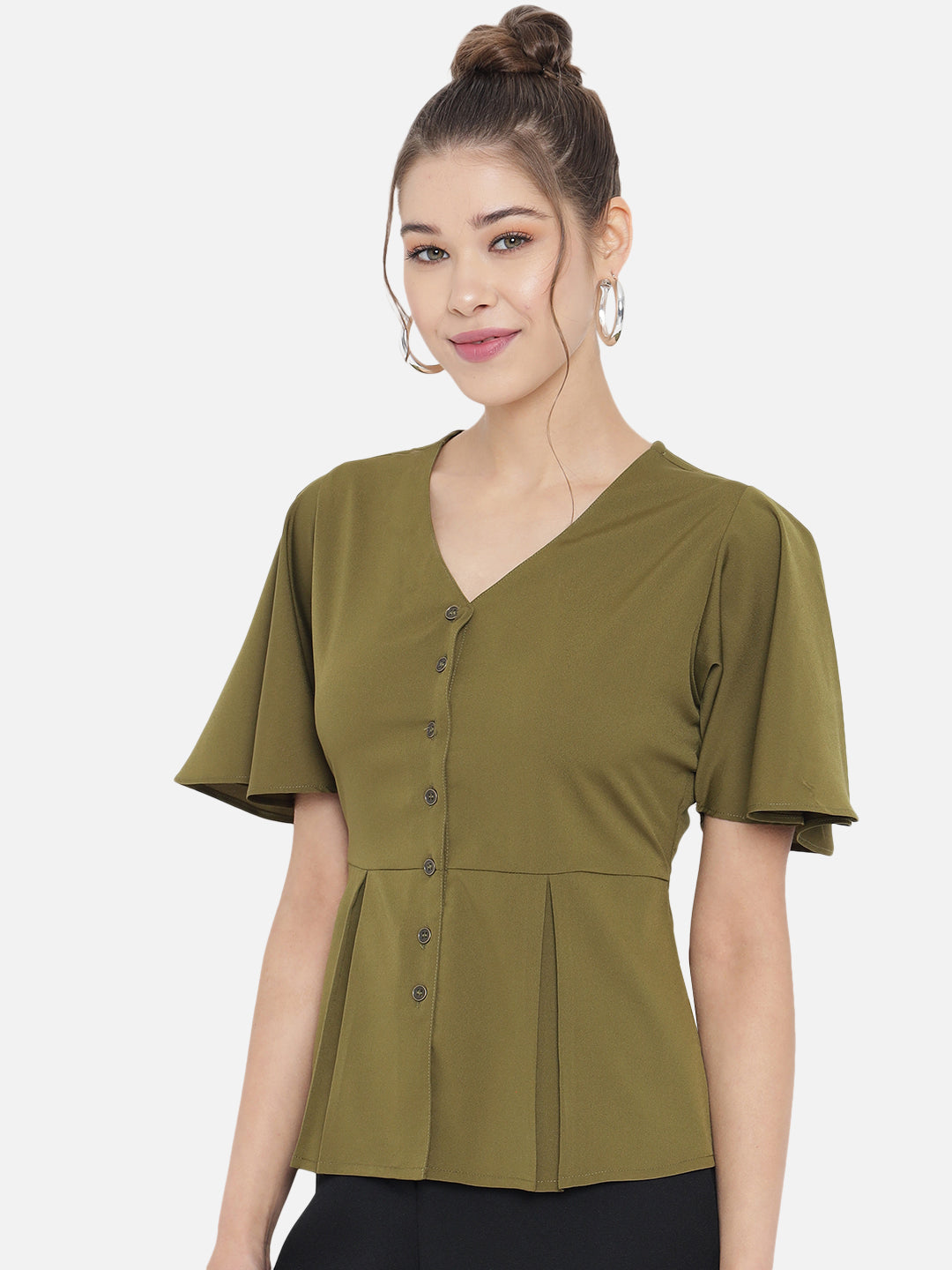 Olive Green Crepe Peplum Top