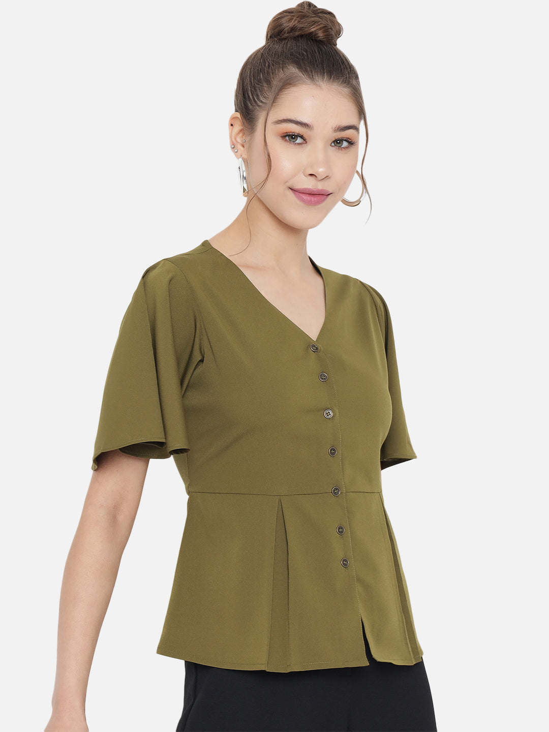 Olive Green Crepe Peplum Top