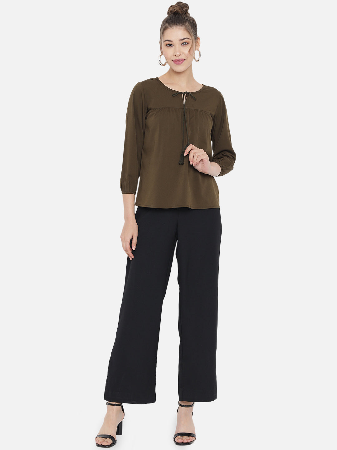 Olive Green Tie-Up Neck Crepe Top