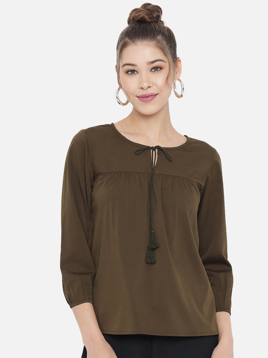 Olive Green Tie-Up Neck Crepe Top