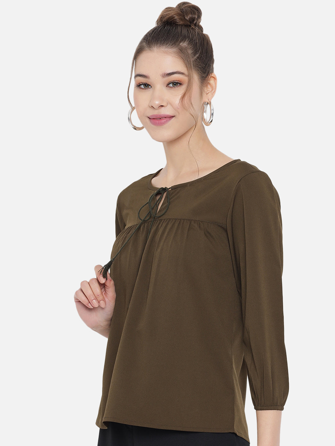 Olive Green Tie-Up Neck Crepe Top