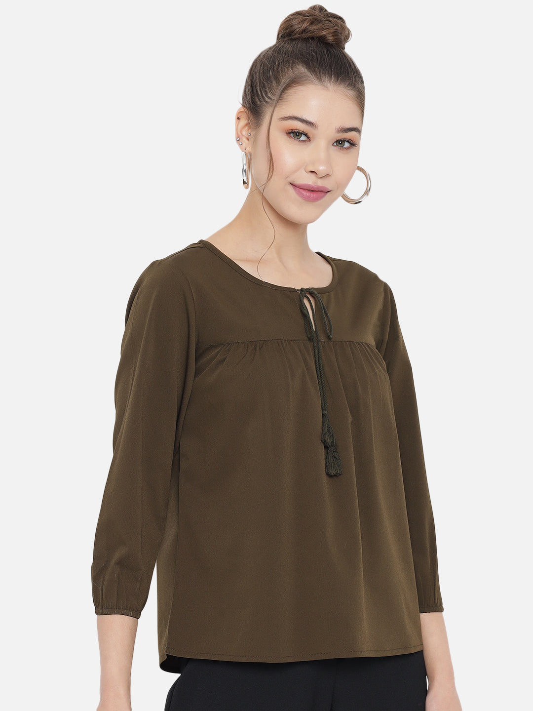 Olive Green Tie-Up Neck Crepe Top