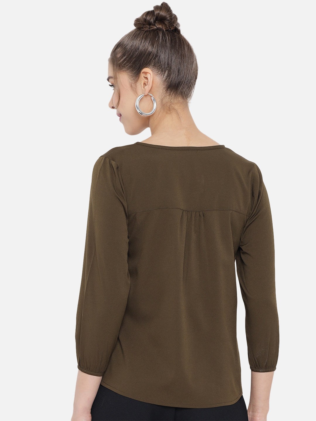 Olive Green Tie-Up Neck Crepe Top