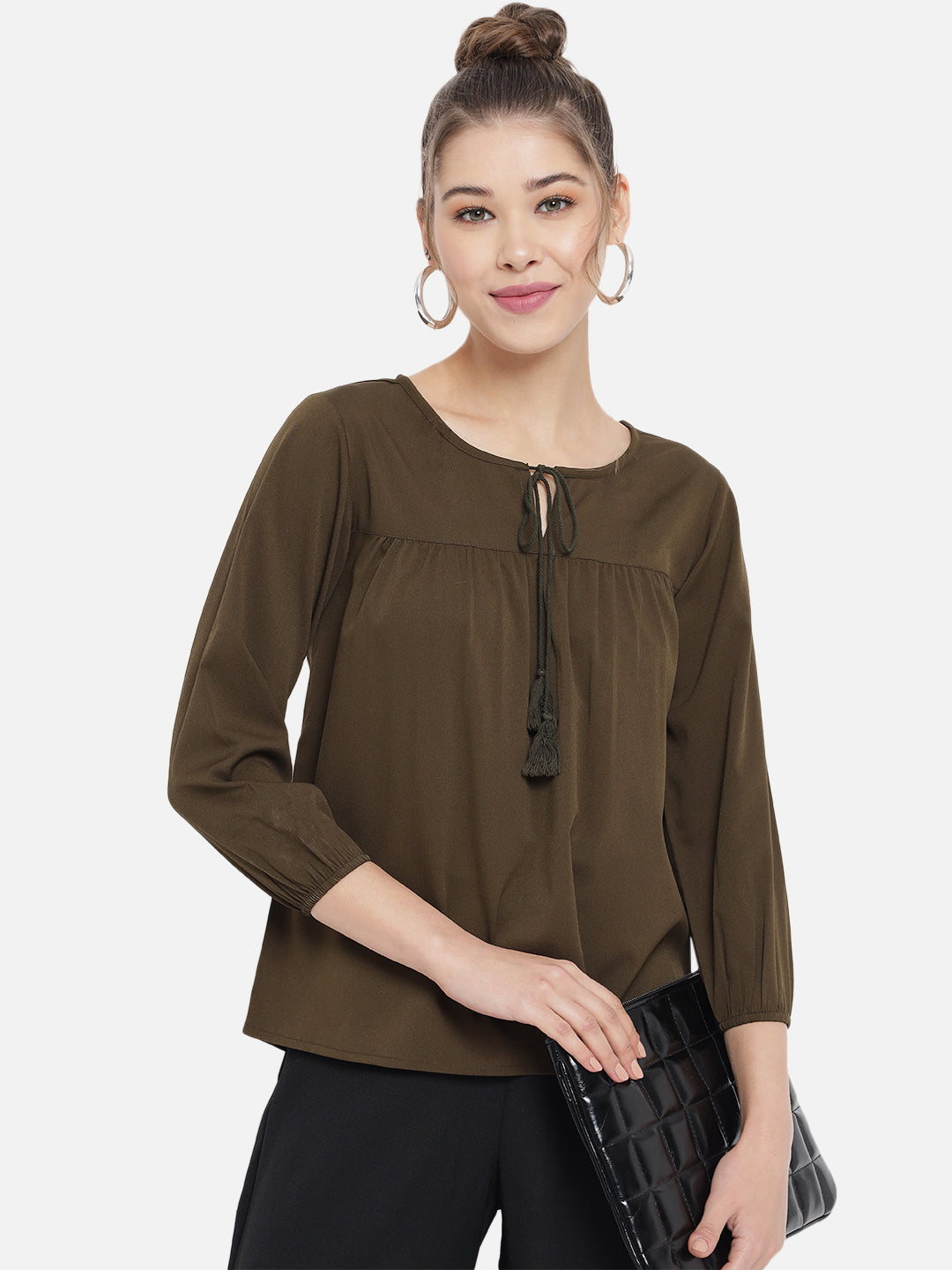 Olive Green Tie-Up Neck Crepe Top