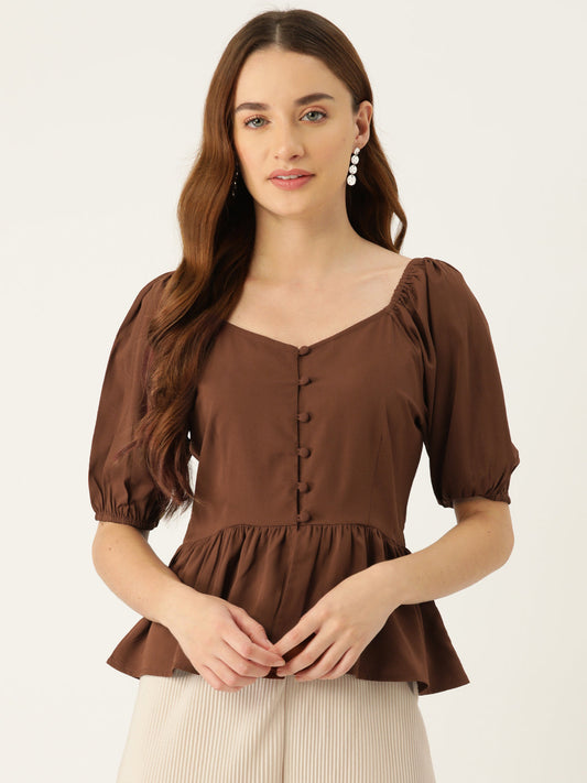 Brown Solid Sweetheart Neck Puff Sleeve Crepe Peplum Top