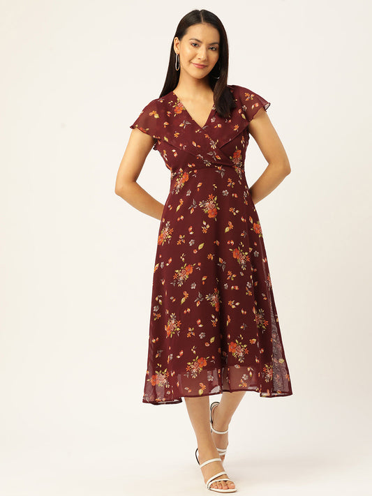 Floral Print Flared Sleeves Georgette Wrap Midi Dress