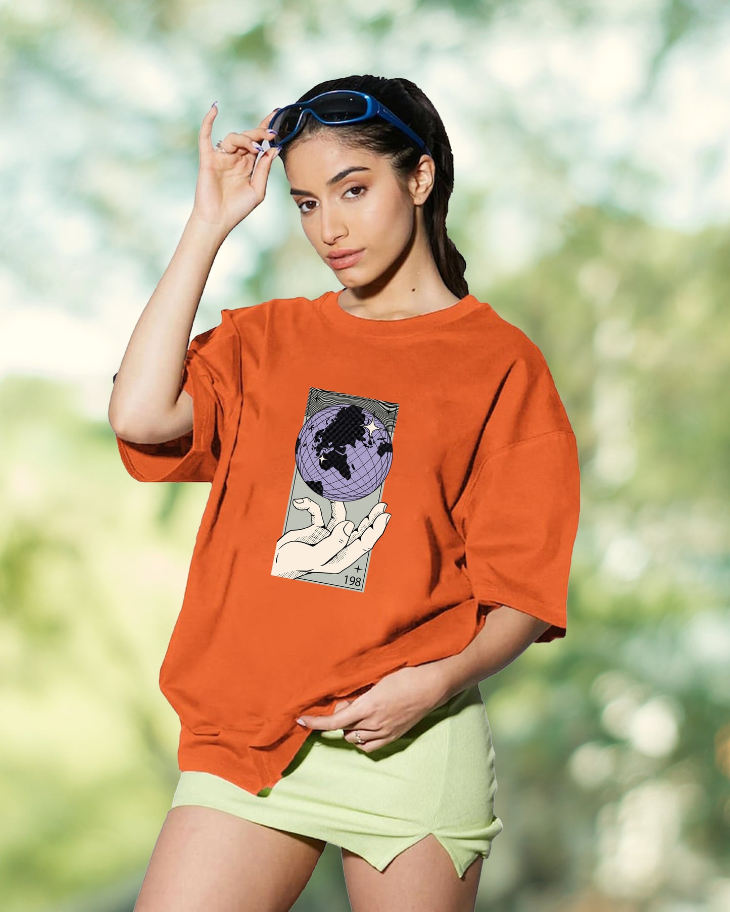 Women's Orange Graphic Printed Cotton Drop Shoulder Long T-Shirt